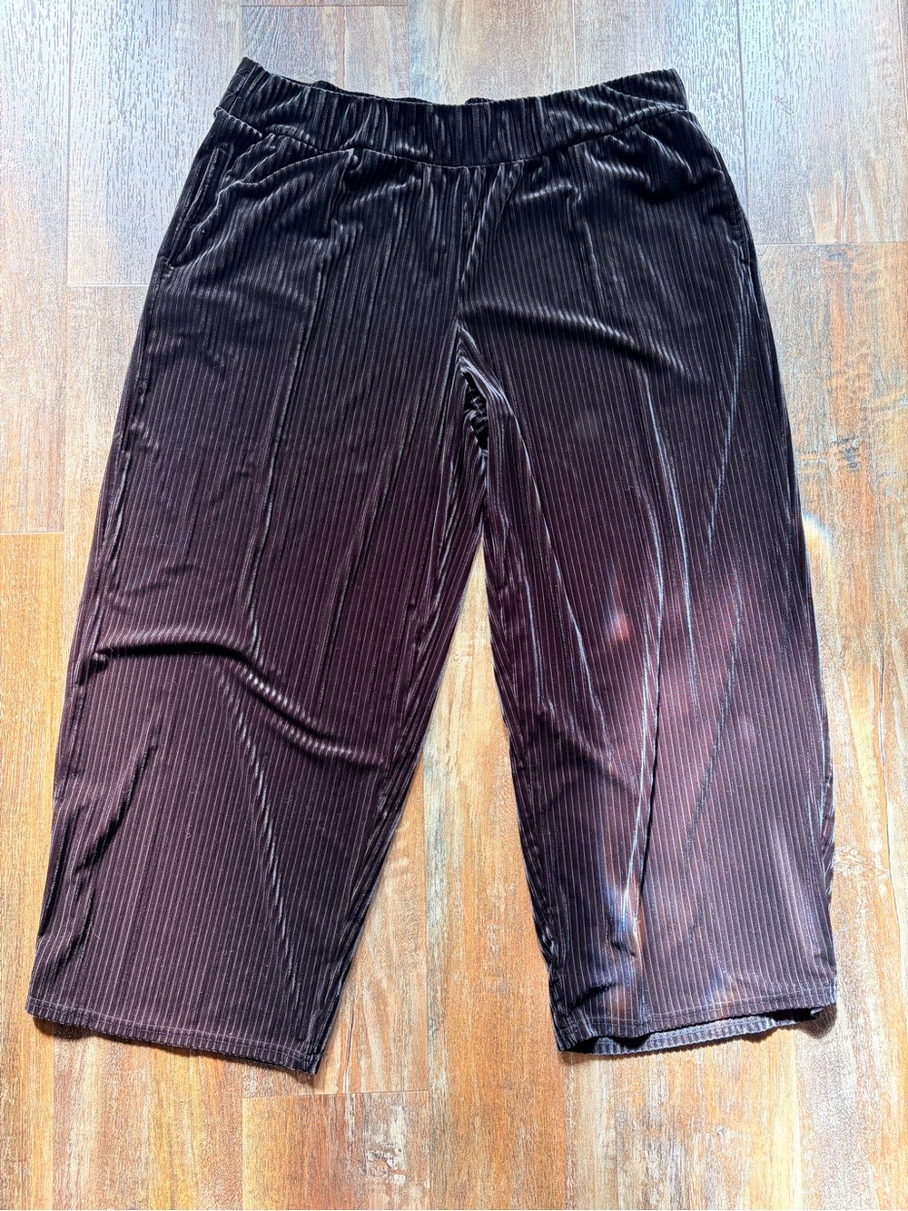 Terra & Sky Women’s Black Velour Pleated Wide-Leg Ribbed Pants Size 2X